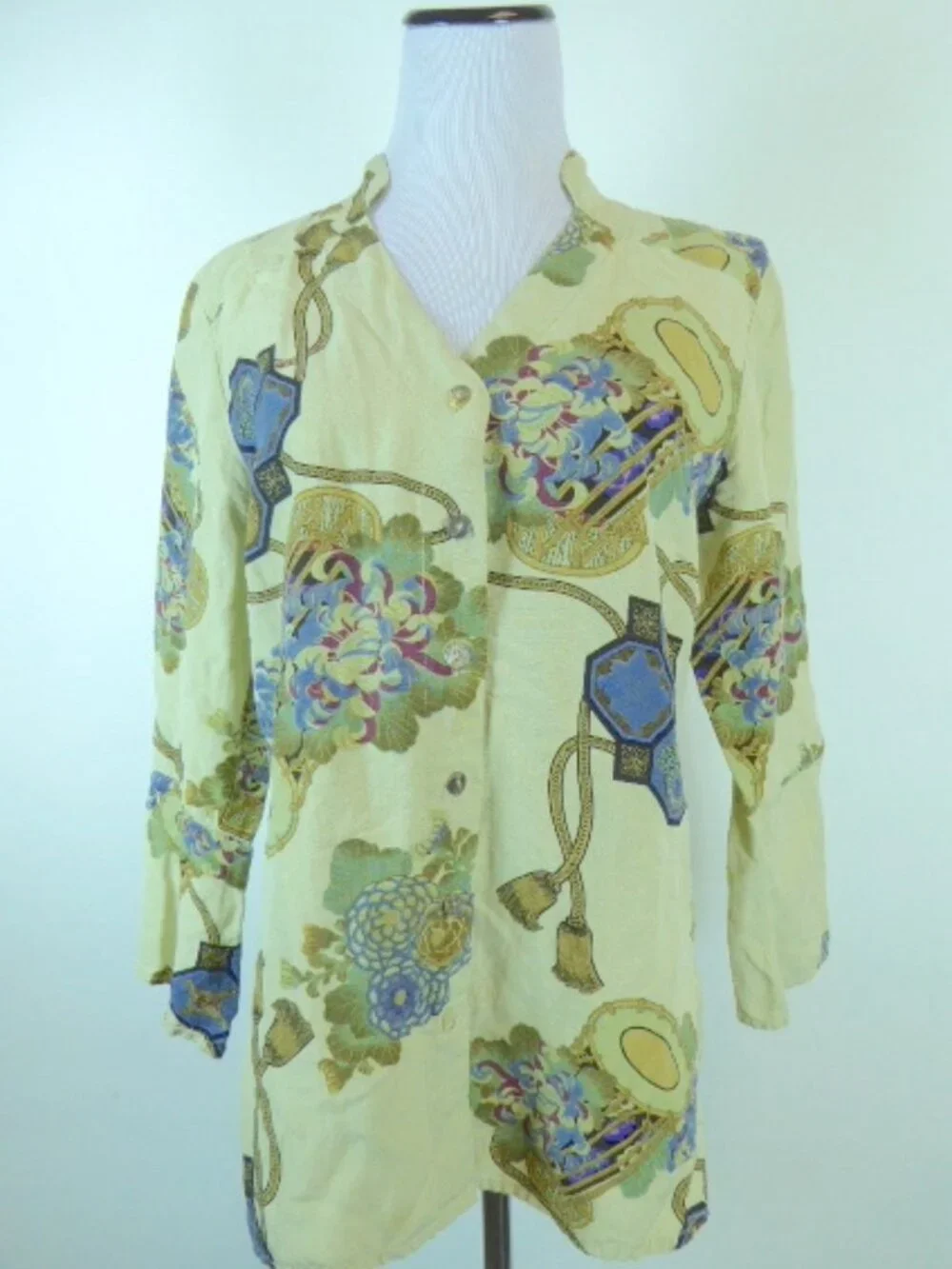 CITRON Santa Monica celadon green purple asian floral silk top jacket M - Picture 1 of 6